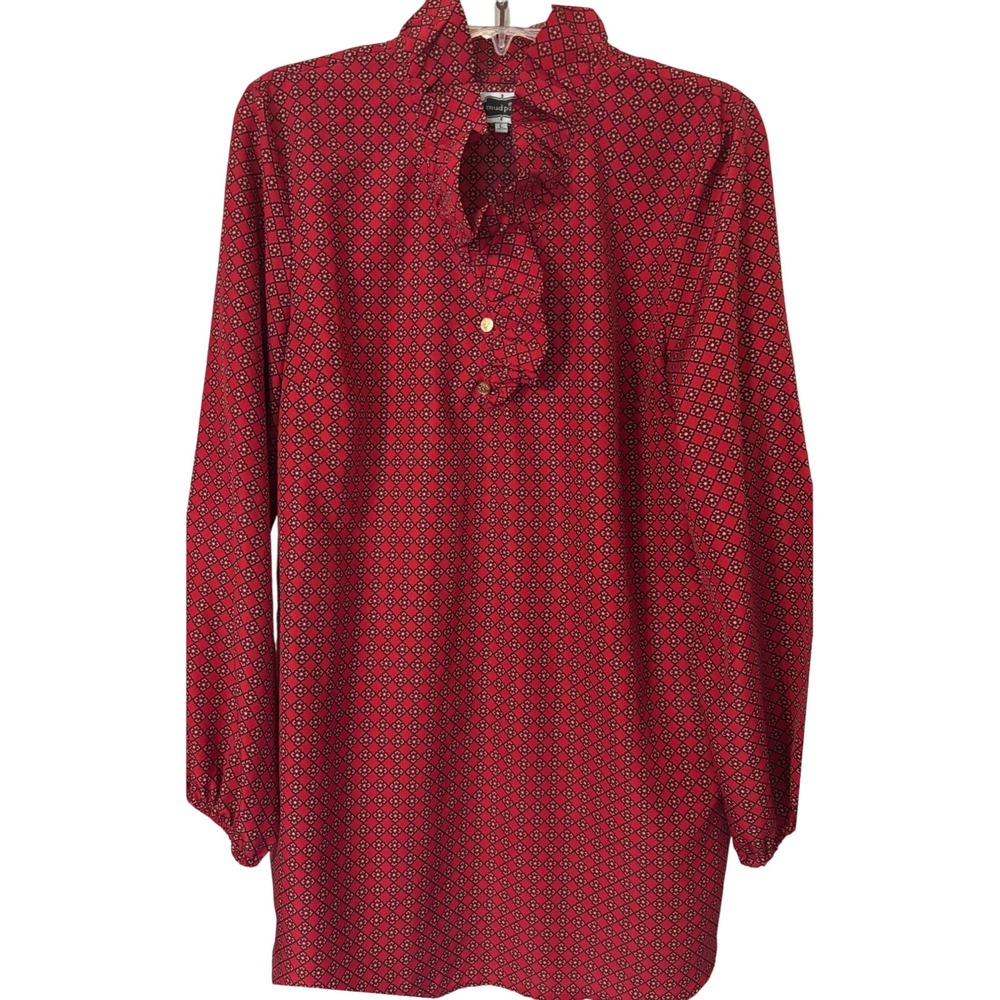 Mud Pie Women's Tunic Top Red Floral Print Long Sleeve Ruffle Collar Blouse L